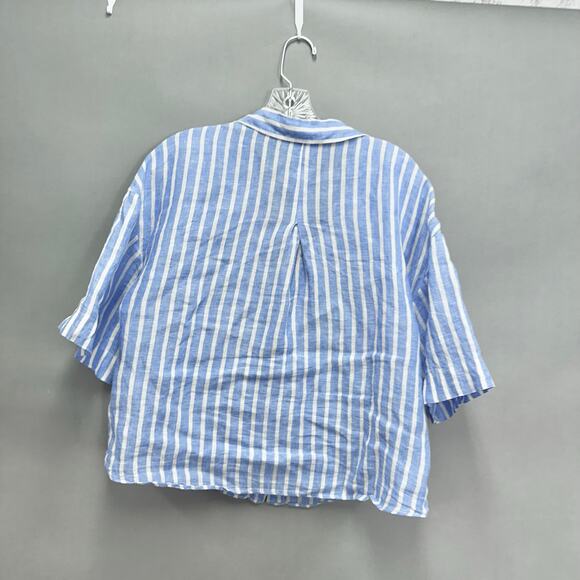 H&M blue striped linen 3/4 sleeve button up cropped top size Small boxy oversize - Picture 16 of 16
